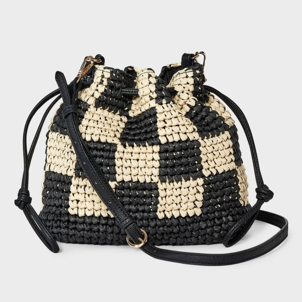 NWT Universal Thread Black and Cream Woven Drawstring Crossbody Bag